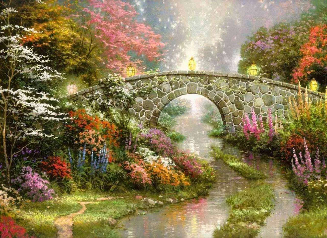 Фотообои в интерьере мост с фонариками через пруд  6-090 фото