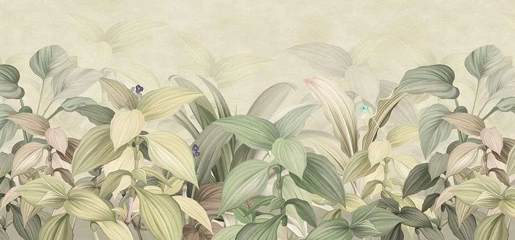 Фотообои в интерьере светлые тропические листья  9-1643 фото