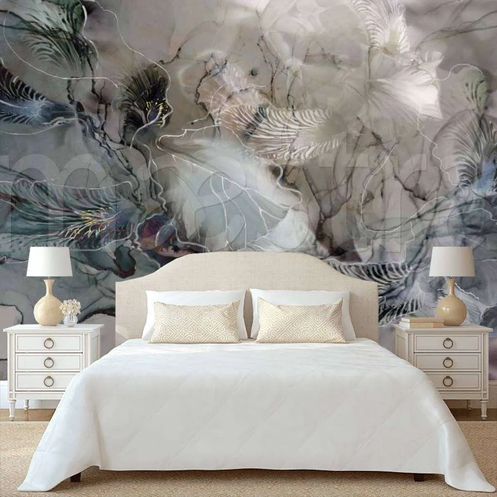 Фотообои в интерьере листья абстрактного типа в темных тонах  7-857 фото