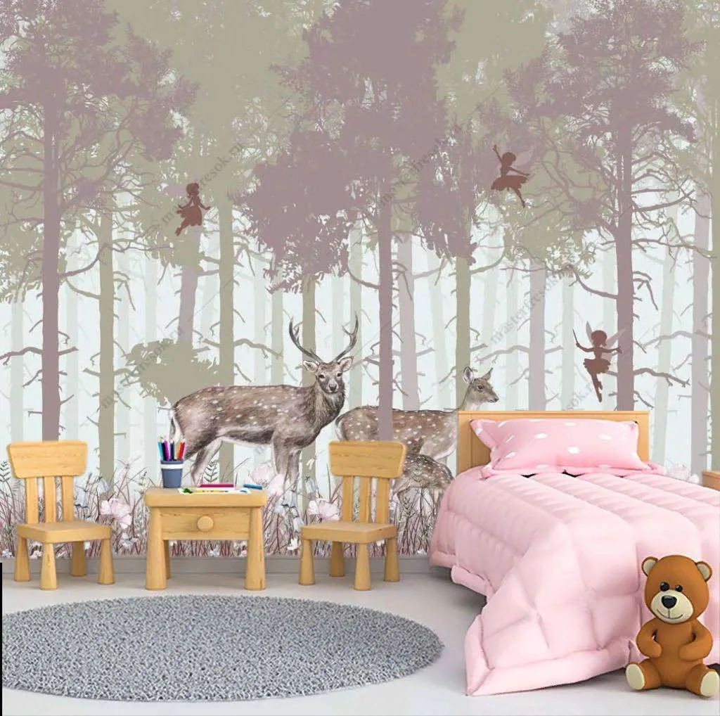 Фотообои в интерьере волшебный лес с оленями  14-145 фото