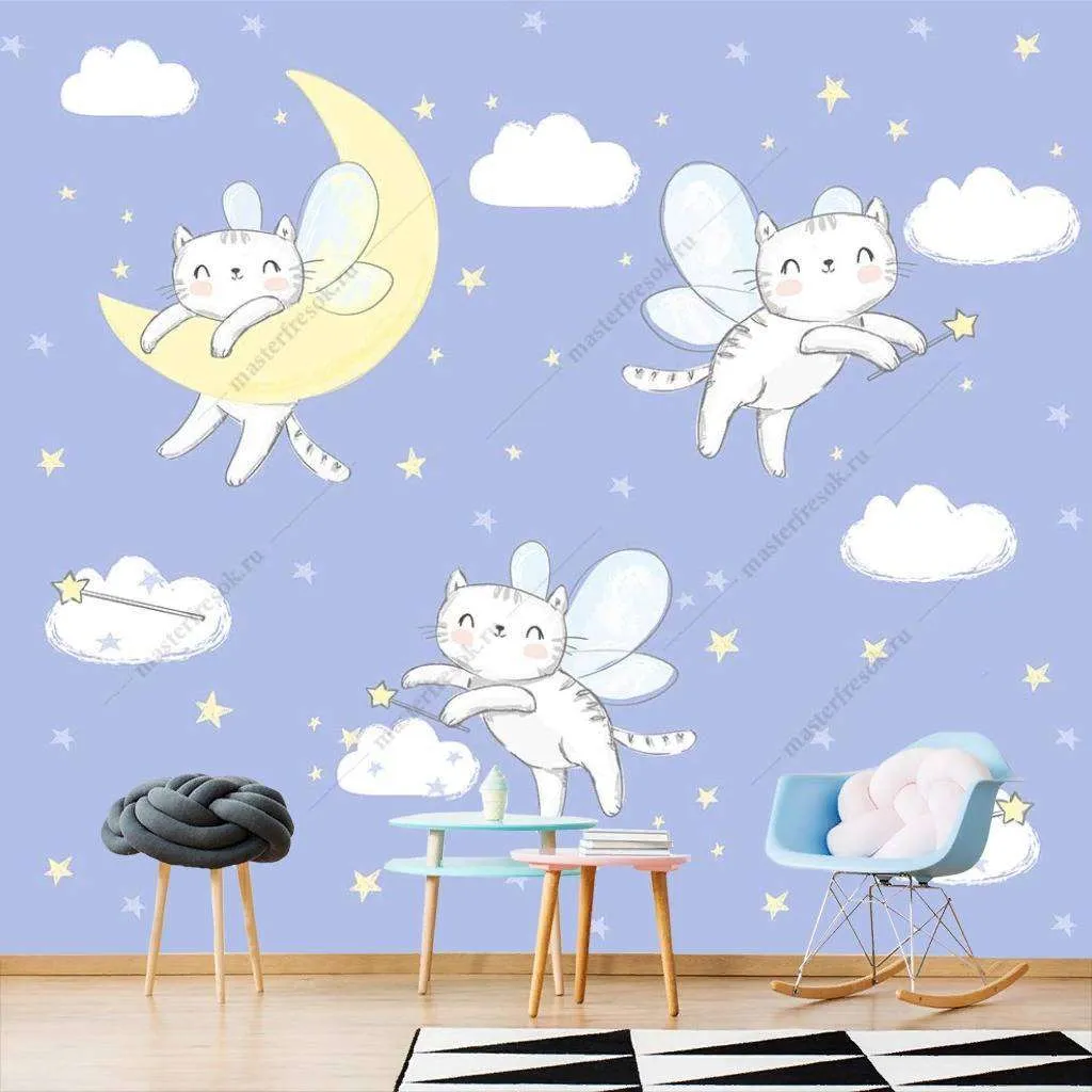 Фотообои в интерьере кошки-феи парят над облаками  12-412 фото