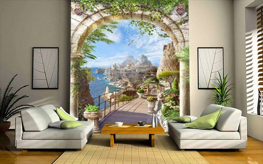 Фотообои в интерьере античная арка с выходом на море  11-049 фото