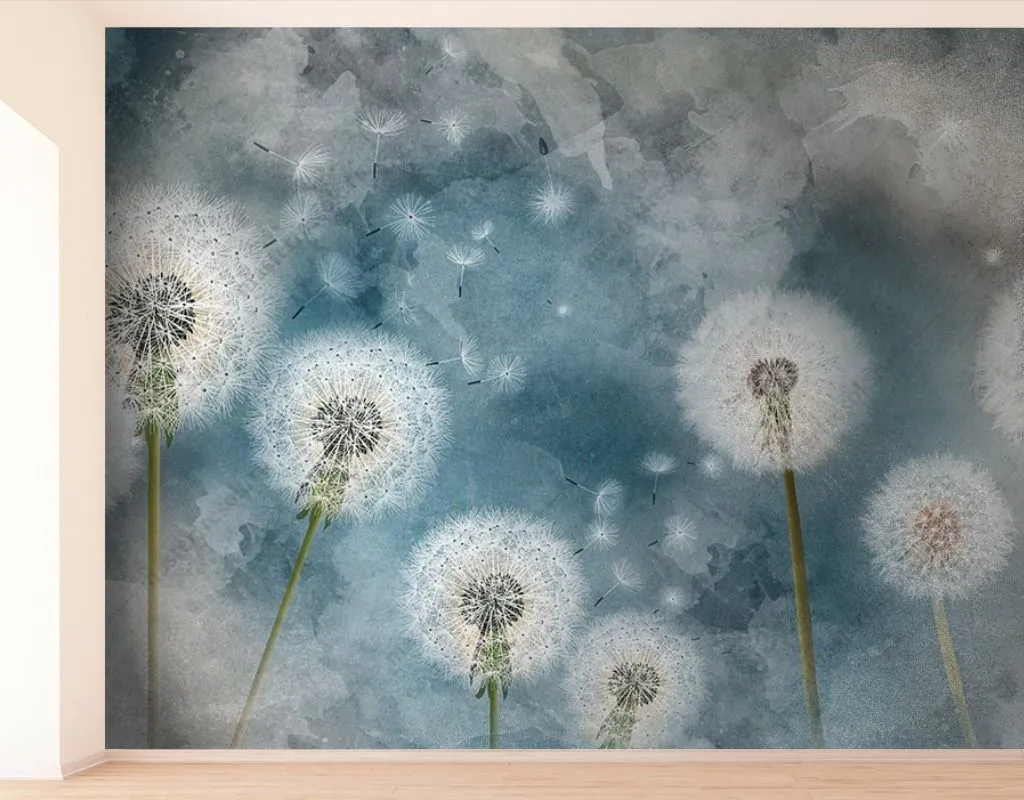 Фотообои в интерьере одуванчики на синем фоне  14-476 фото