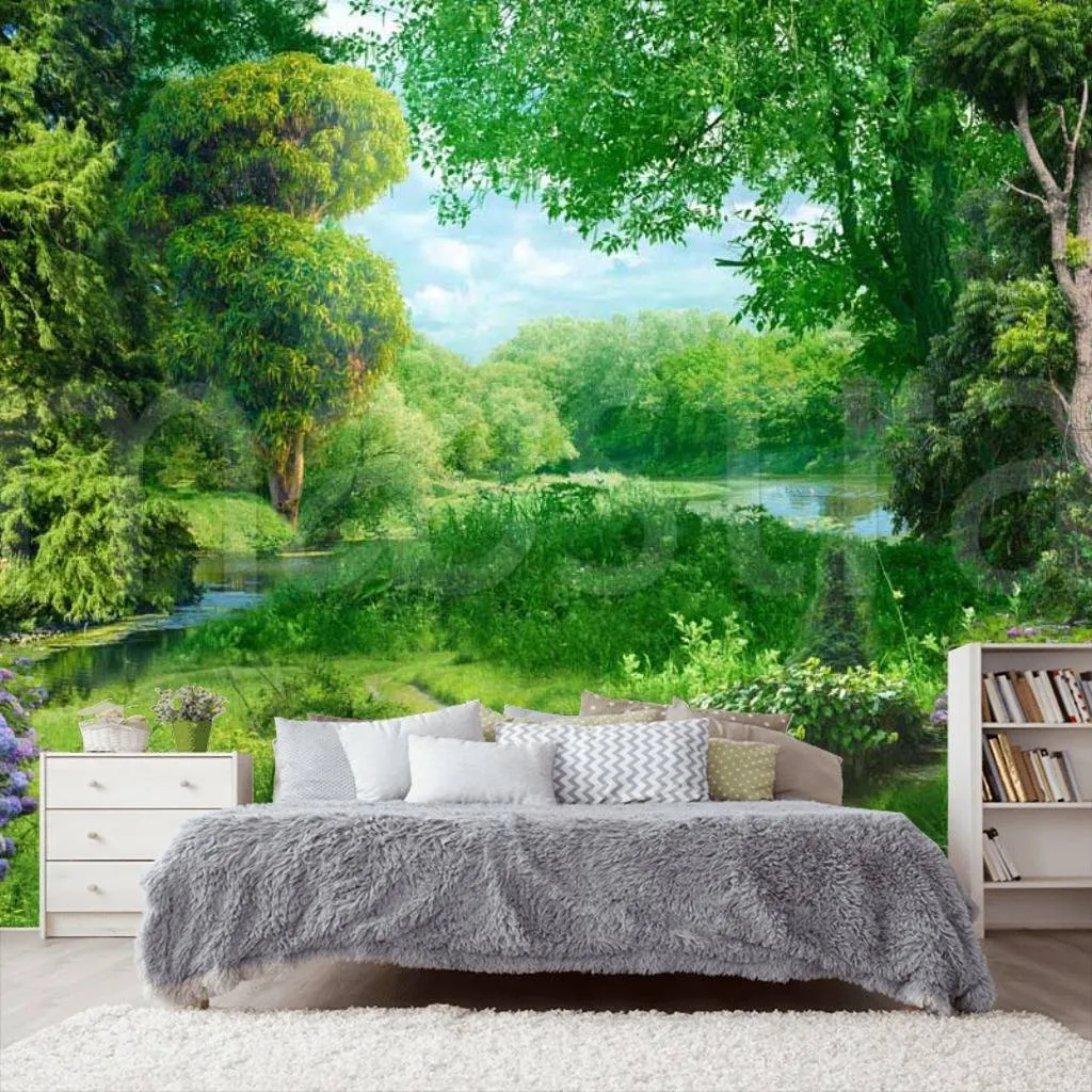 Фотообои в интерьере лиственный лес с цветами  7-289 фото