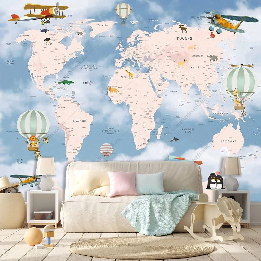 Фотообои в интерьере карта мира с пингвинятами  14-628 фото