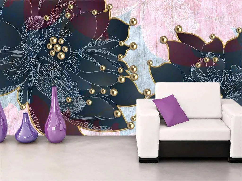 Фотообои в интерьере 3д синие яркие цветы  10-840 фото