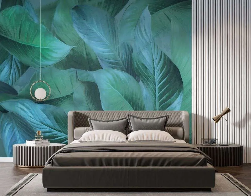 Фотообои в интерьере зеленые тропические листья  13-399 фото