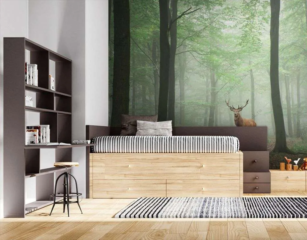 Фотообои в интерьере зеленый лес с оленем  9-1530 фото