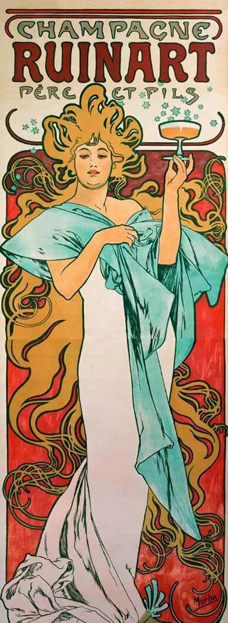 Фотообои в интерьере альфонс мариа муха - рекламный плакат шампанского  8-217 фото