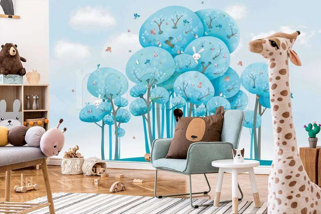 Фотообои в интерьере голубые деревья на лужайке  12-358 фото