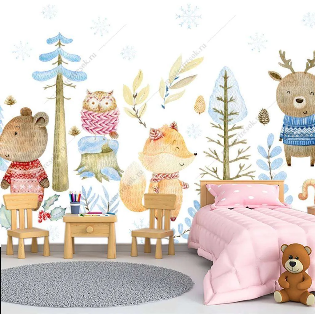 Фотообои в интерьере лес и милые животные  12-798 фото