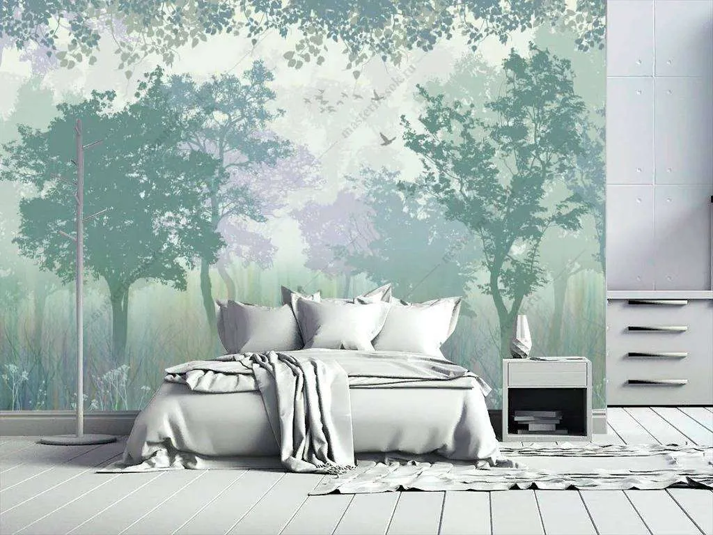 Фотообои в интерьере силуэты туманного леса  14-131 фото