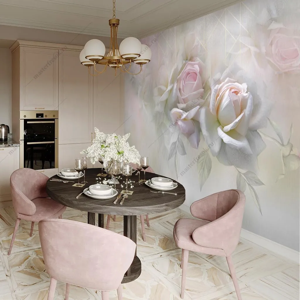 Фотообои в интерьере нежные розы в тумане  13-442 фото