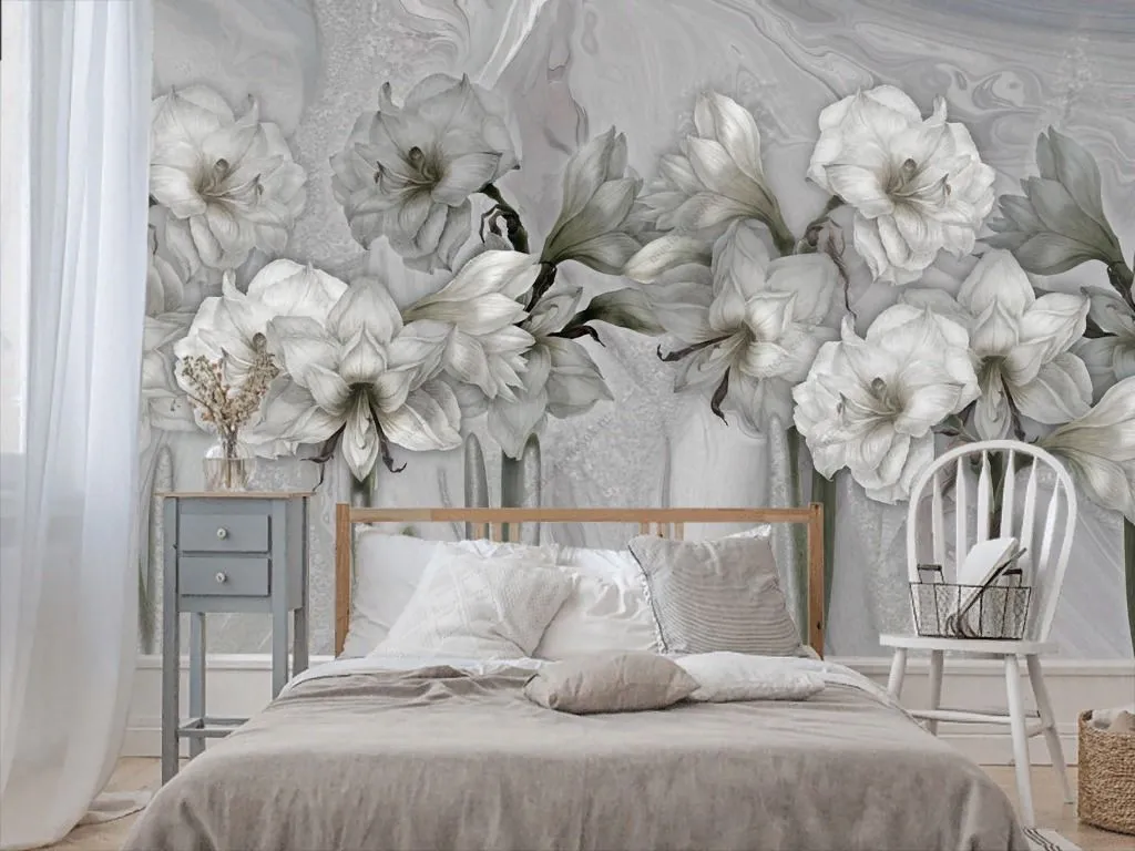 Фотообои в интерьере винтажные серые цветы  13-341 фото