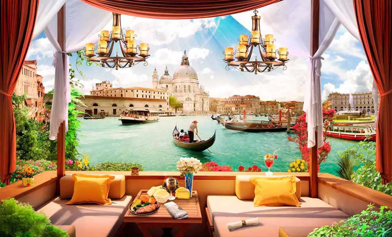 Фотообои в интерьере веранда с видом на каналы венеции  11-006 фото