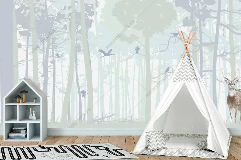 Фотообои в интерьере лес волшебный с оленями  12-1466 фото