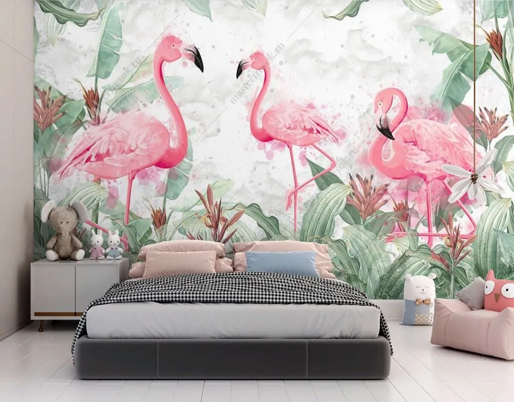 Фотообои в интерьере яркие фламинго в тропическом лесу  9-1690 фото