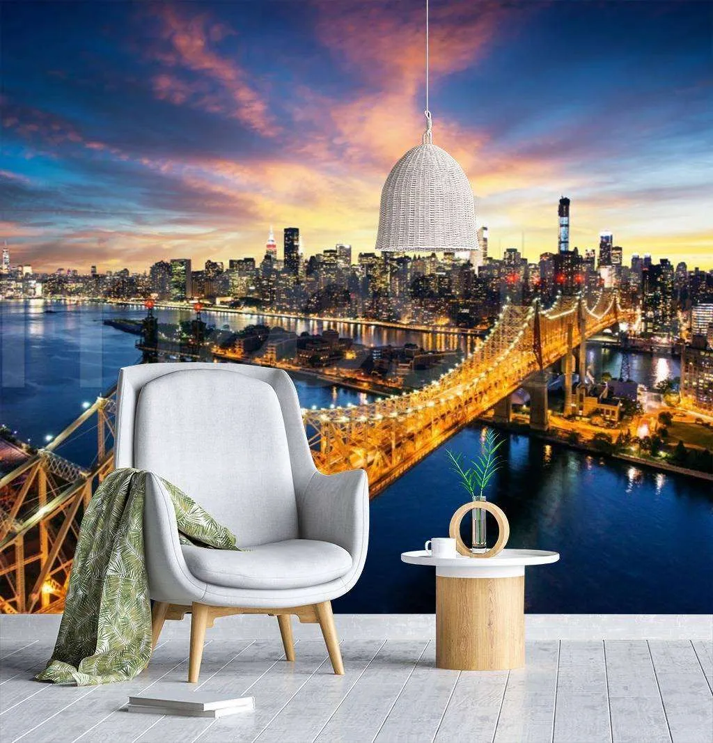 Фотообои в интерьере вид сверху на ночной бруклинский мост  9-817 фото