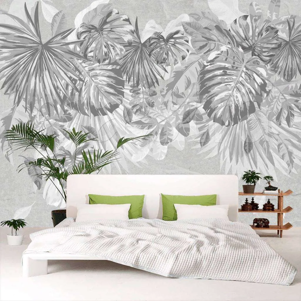 Фотообои в интерьере тропические листья на сером фоне  7-952 фото