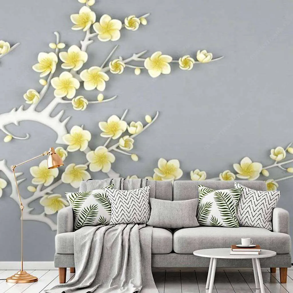 Фотообои в интерьере веточка с желтыми цветами  15-599 фото