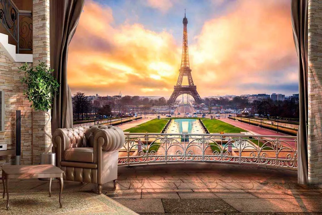 Фотообои в интерьере окно с видом на эйфелеву башню  6-133 фото