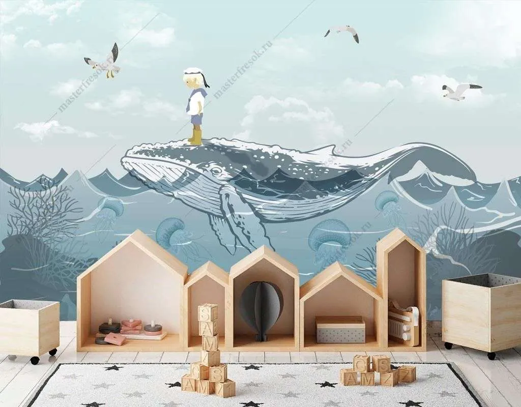 Фотообои в интерьере кит и маленький мальчик  12-1508 фото