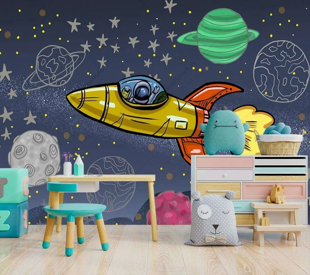 Фотообои в интерьере космос с желтой ракетой  14-661 фото