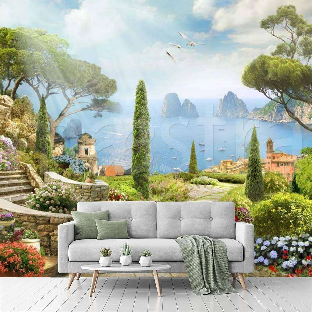 Фотообои в интерьере вид на море с красивой набережной  7-430 фото