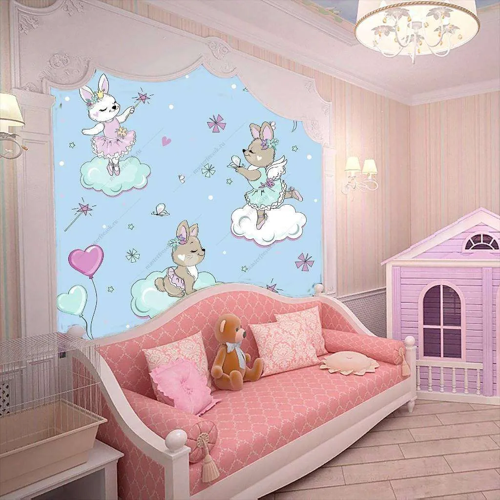 Фотообои в интерьере зверята на облаках на голубом фоне  12-418 фото