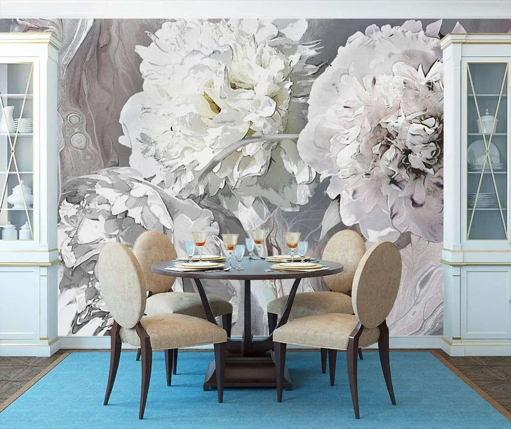 Фотообои в интерьере пионы 3д серые  13-230 фото