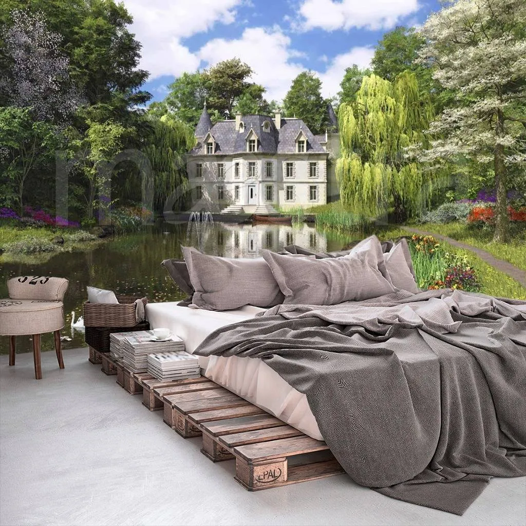 Фотообои в интерьере дом в лесу с озером  8-136 фото