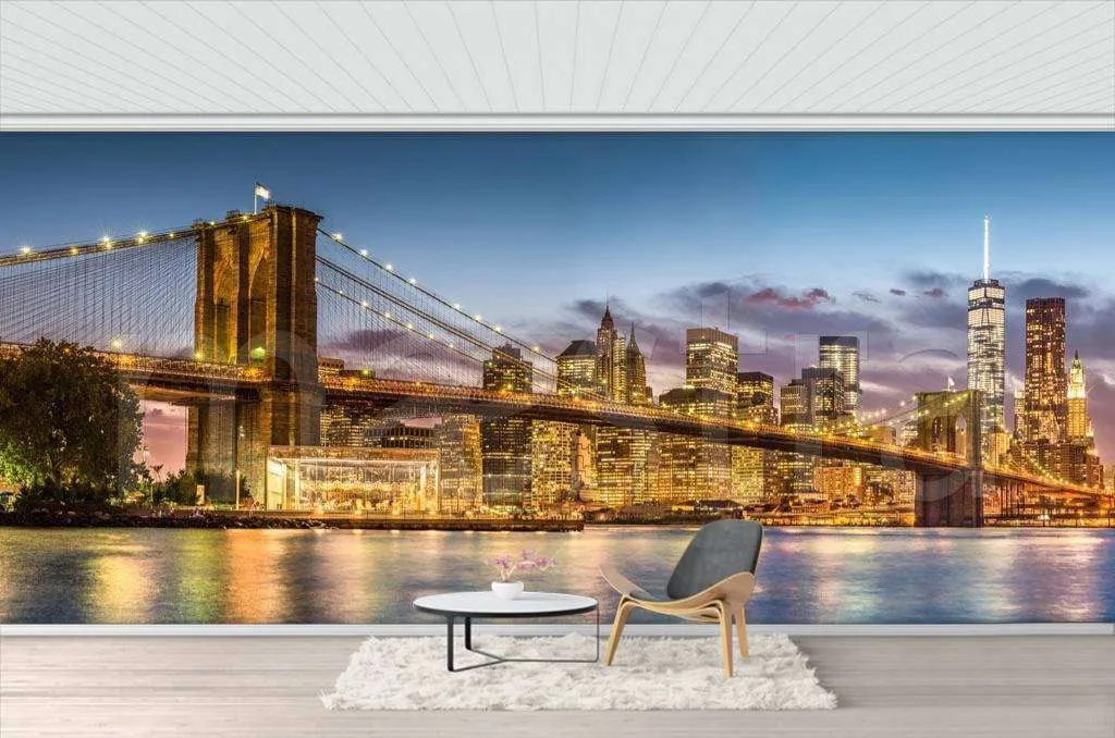 Фотообои в интерьере ночной бруклинский мост панорама  9-828 фото