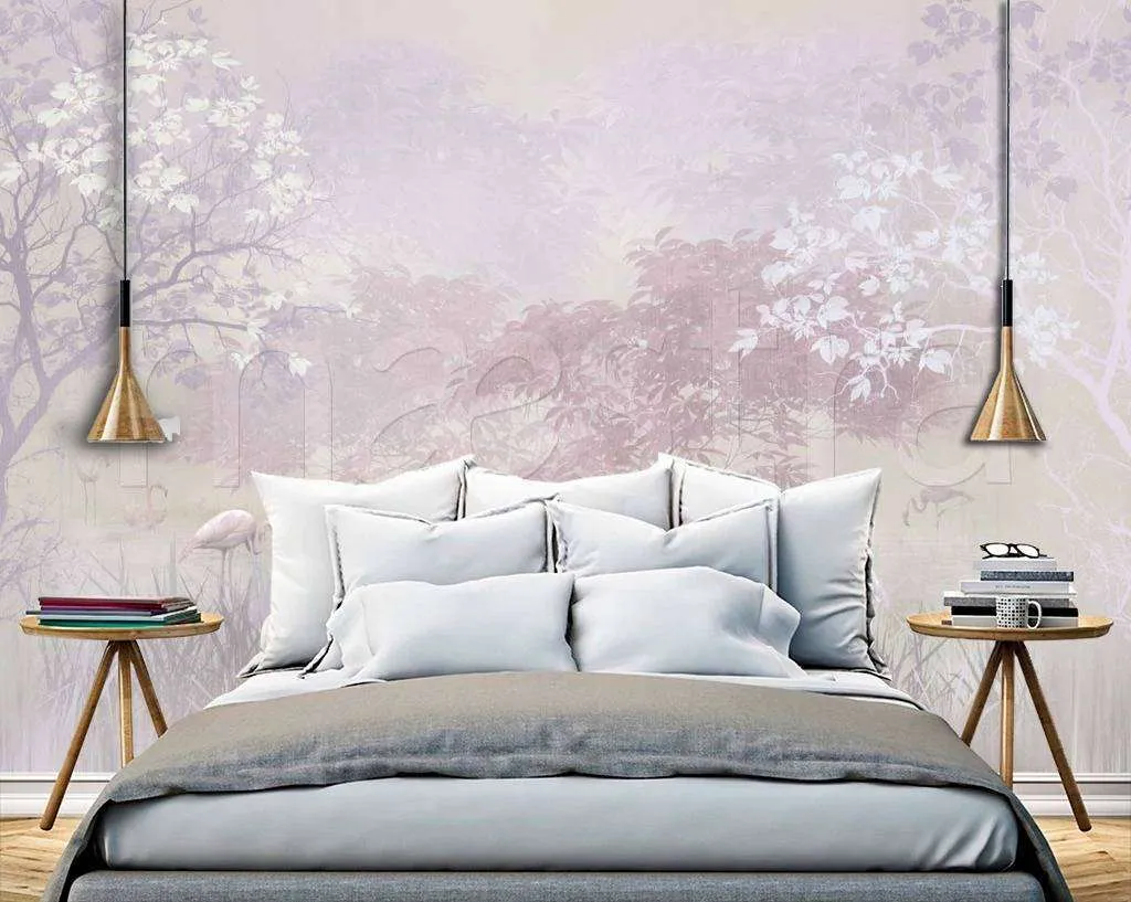 Фотообои в интерьере розовый лес и фламинго  7-677 фото