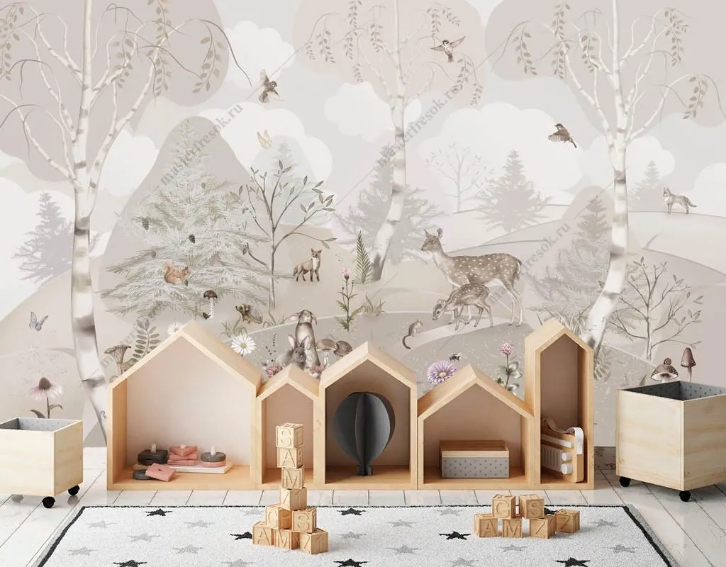 Фотообои в интерьере лесная поляна с животными  13-621 фото