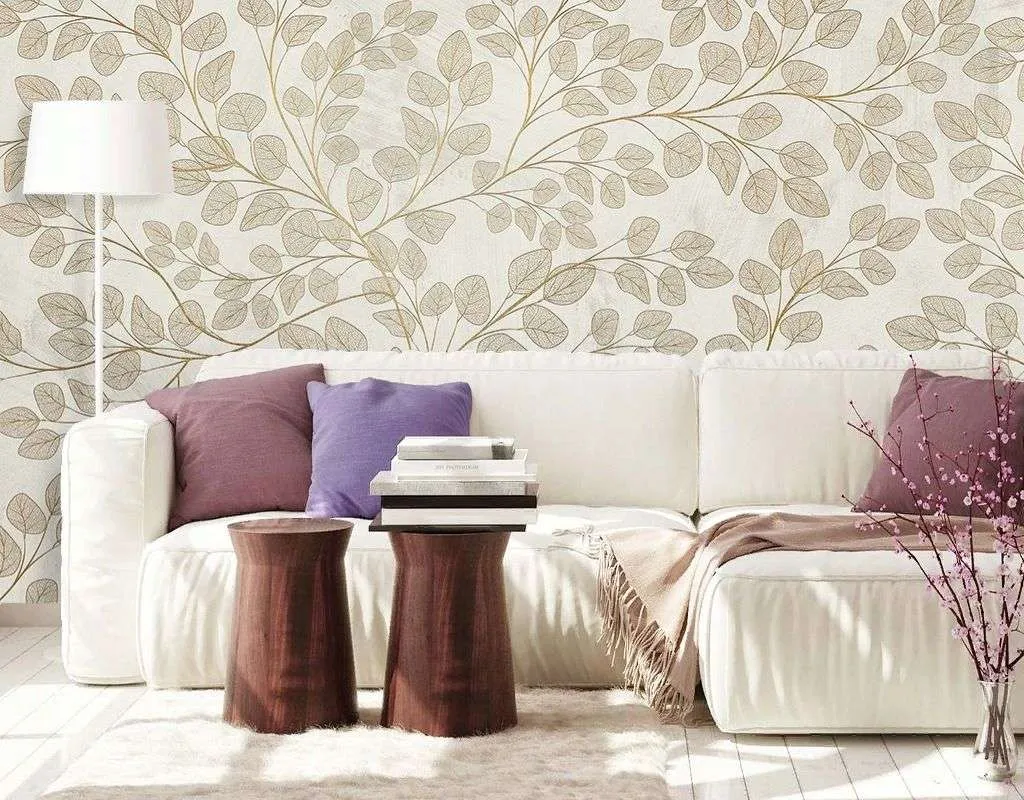 Фотообои в интерьере в спальню листочки на бежевом фоне  9-1981 фото