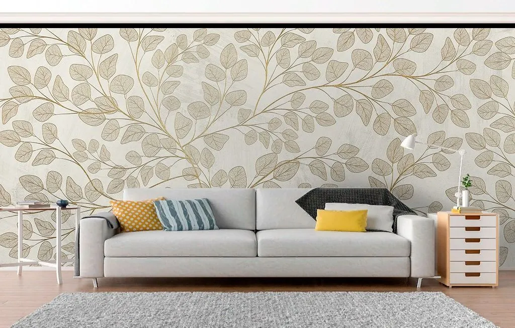 Фотообои в спальню Листочки на бежевом фоне  9-1981