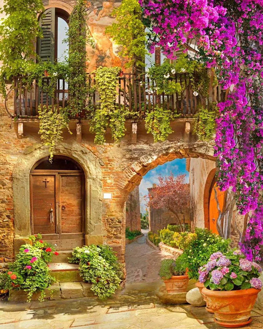 Фотообои в интерьере цветочная арка с балконом  5-101 фото