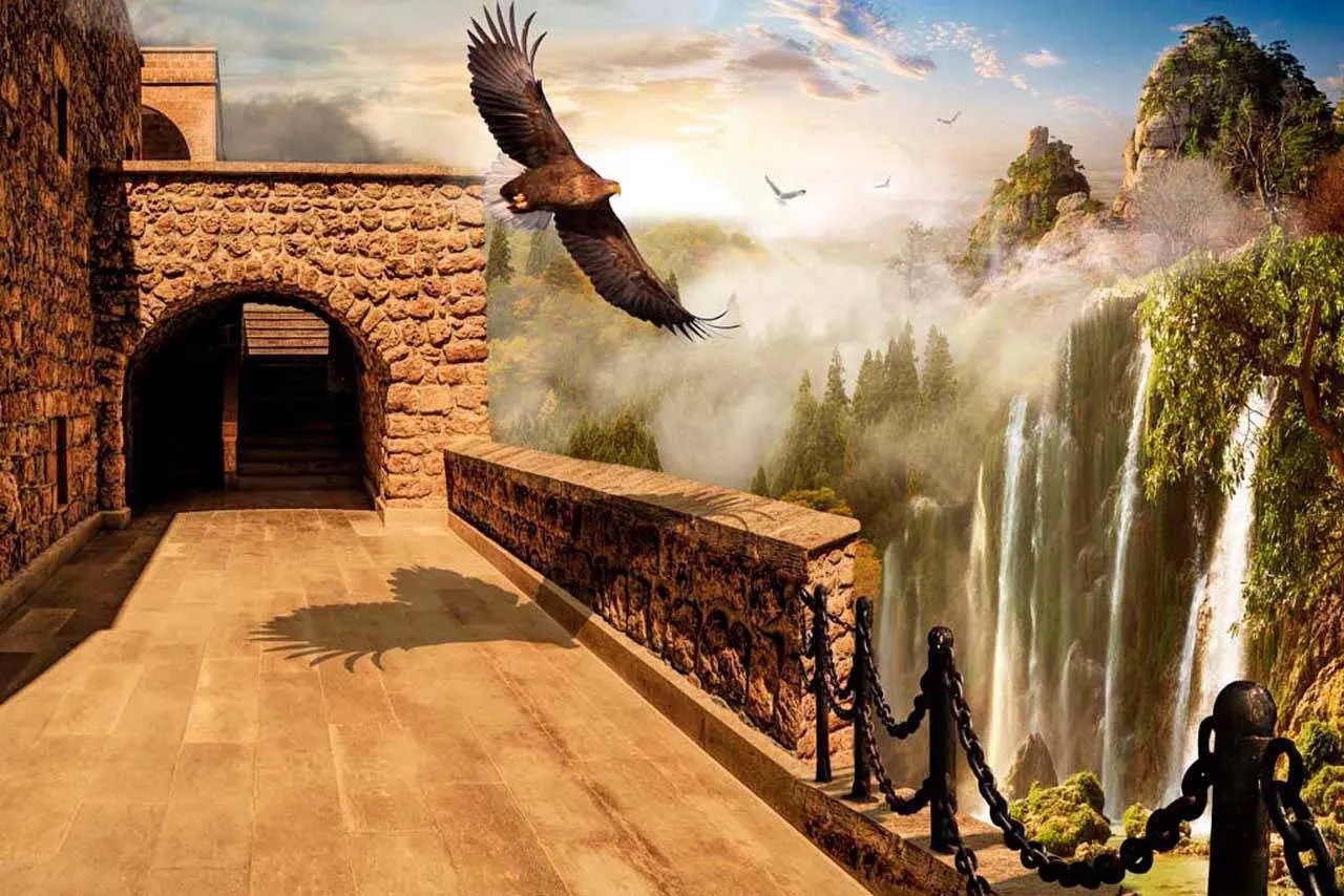 Фотообои в интерьере замок с водопадом  7-122 фото