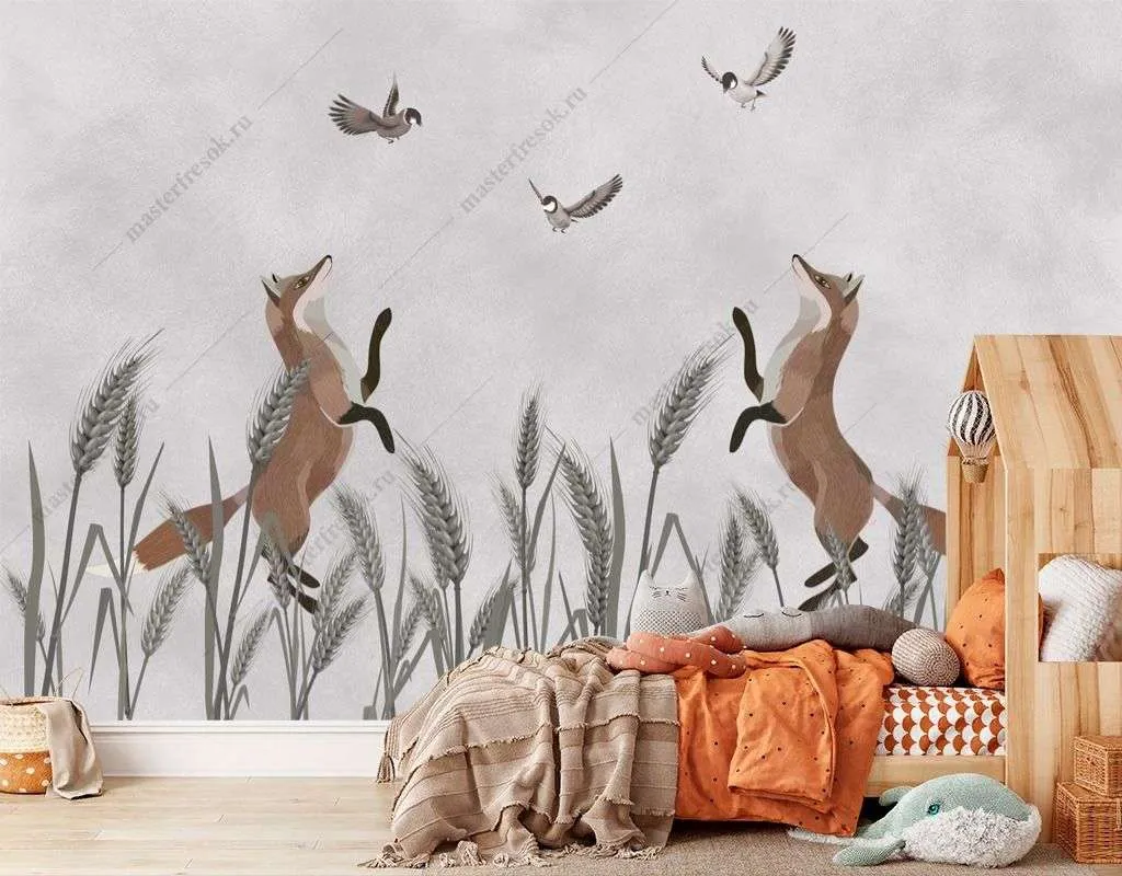 Фотообои в интерьере лисички в поле  12-1510 фото