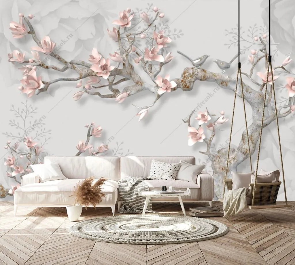 Фотообои в интерьере 3д сакура с розовыми лепестками  10-927 фото
