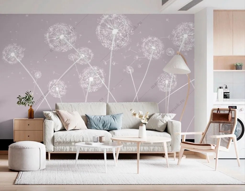 Фотообои в интерьере одуванчики на розовом фоне  14-527 фото