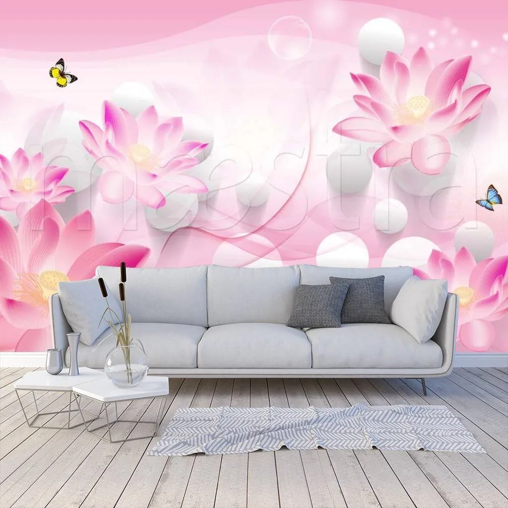 Фотообои в интерьере 3д розовые объемные цветы с серыми шарами  10-507 фото