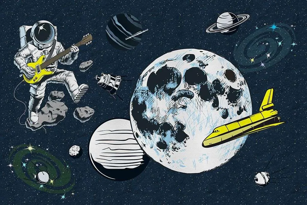 Фотообои в интерьере в детскую: космонавт-гитарист.   14-736 фото