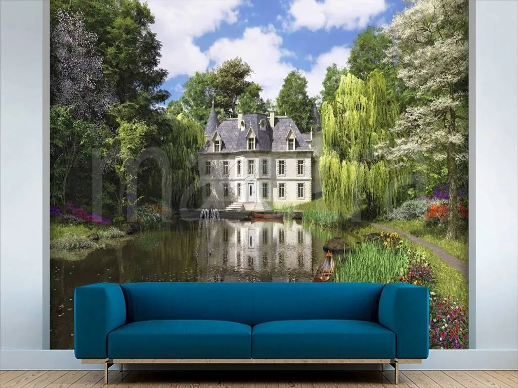 Фотообои в интерьере дом в лесу с озером  8-136 фото