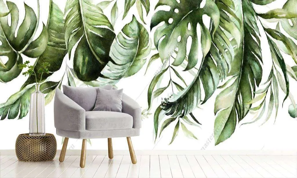 Фотообои в интерьере тропические листья на белом фоне  9-1214 фото