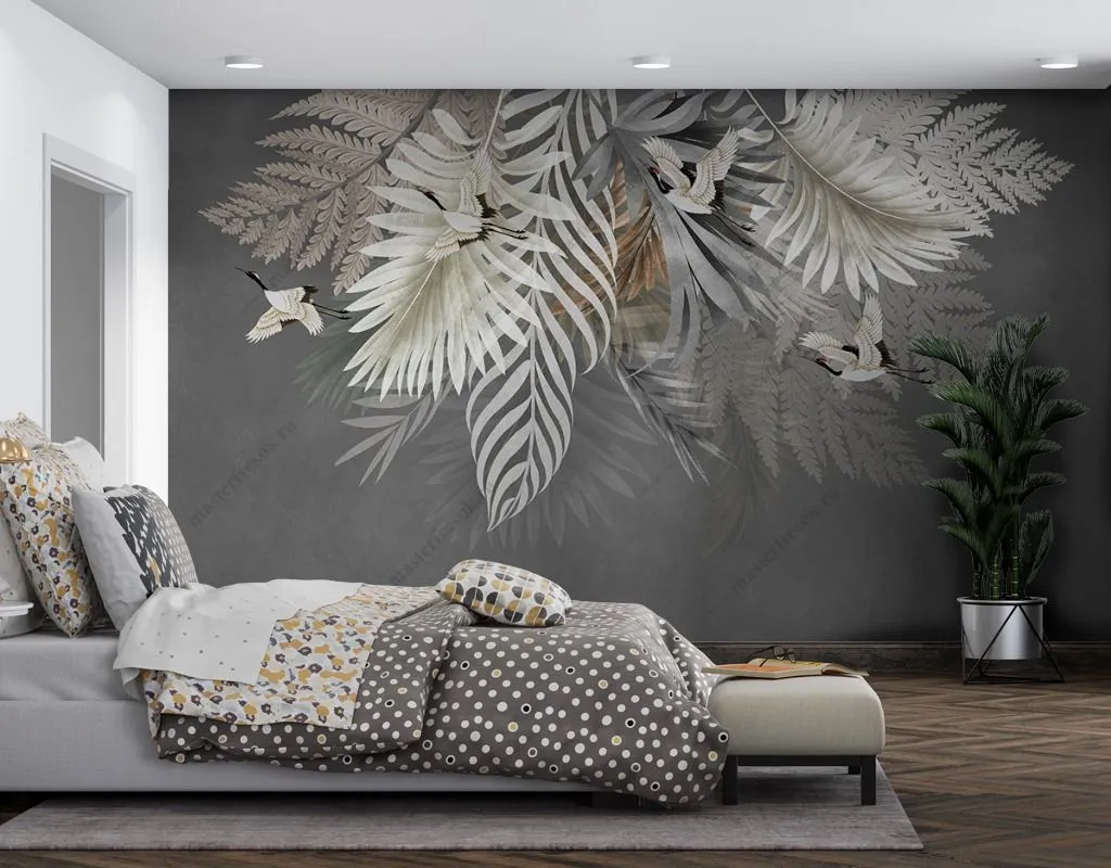 Фотообои в интерьере пальмовые листья на сером фоне  9-1620 фото