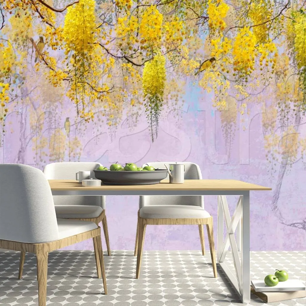 Фотообои в интерьере желтые цветы на розовом фоне  7-539 фото