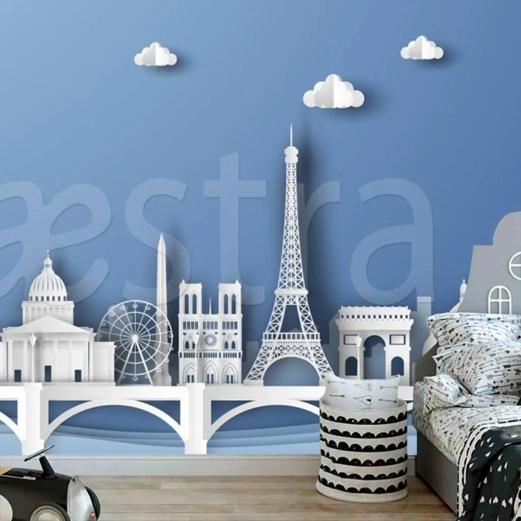 Фотообои Париж на мосту на синем фоне  12-375