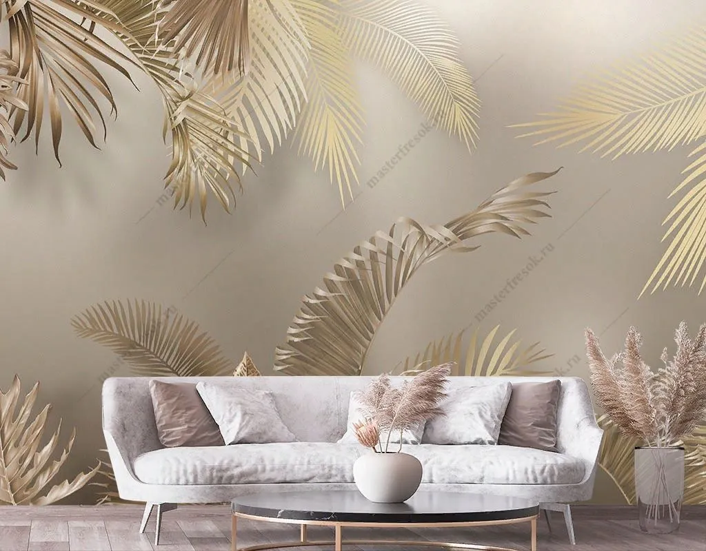Фотообои в интерьере золотые пальмовые ветви  9-1743 фото
