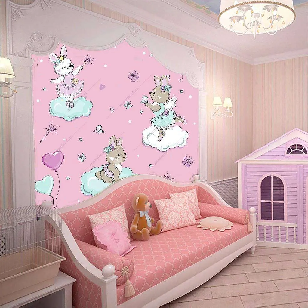 Фотообои в интерьере зверята на облаках на розовом фоне  12-419 фото